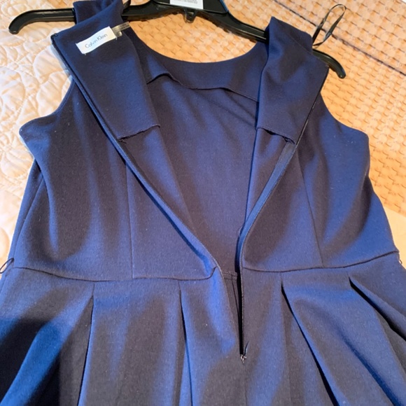 Calvin Klein Faux Leather Trim Fit&Flare Dress Blue/Black Size 12 - Picture 5 of 11